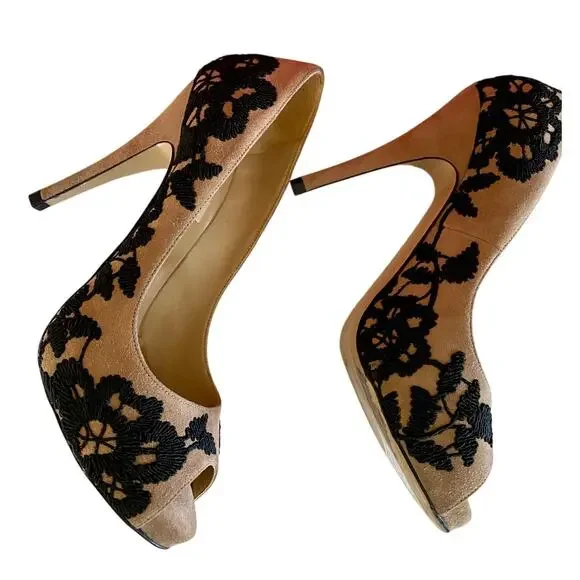 Valentino Garavani Suede Lace Peep Toe Heels 37 Nude Black Floral Embroidery - Picture 3 of 13